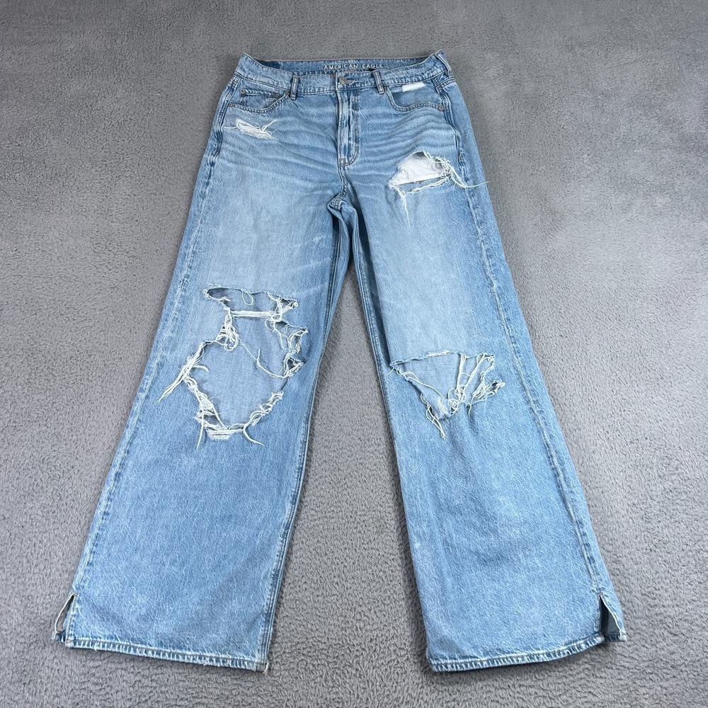 American Eagle Super High Rise Baggy Wide Leg Jeans Womens 8 Blue Distressed
